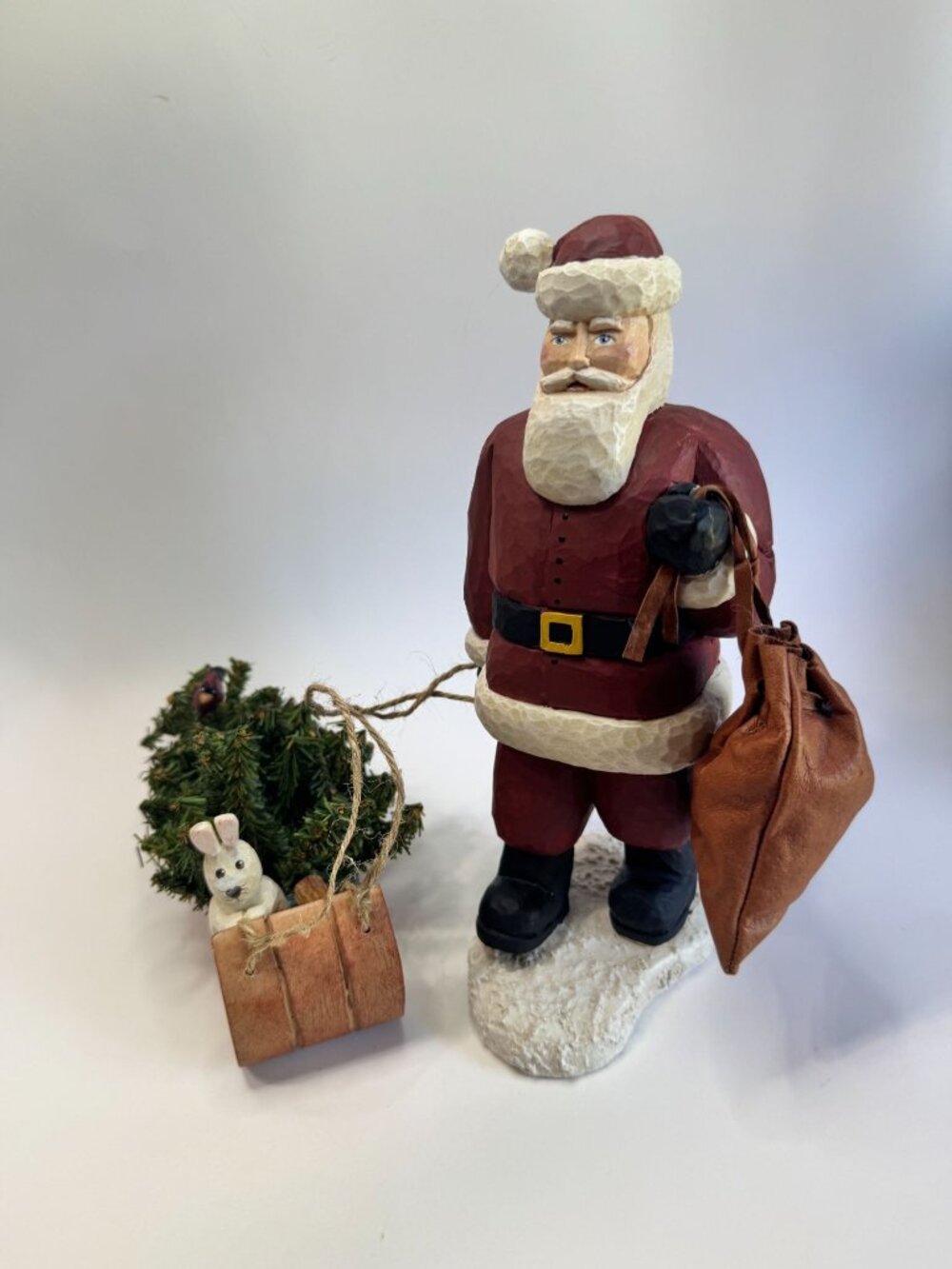John X Micki Grosser 2000 Santa Pulling Sled Tree Rabbit Cardinal 10" Christmas